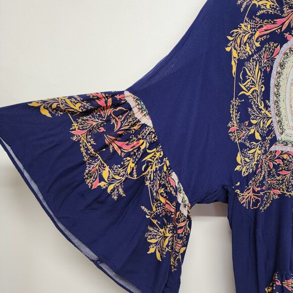 Free People Bohemian Tunic Top Size S V-Neck High Low Flare Sleeve Sunset Dreams - Picture 5 of 16